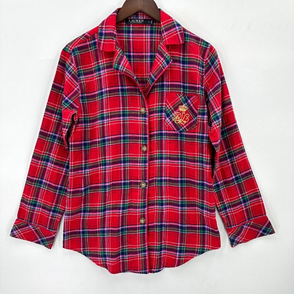 Lauren Ralph Lauren Black Label Womens Plaid Pajama Top Flannel Logo Red S